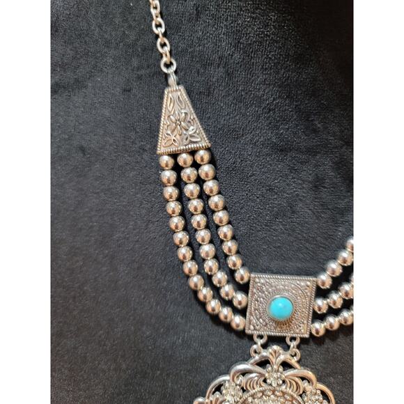 Women Antique Silver Multi-Strand Beaded Turquoise Inlay Ornate Filigree Pendant - Picture 5 of 7